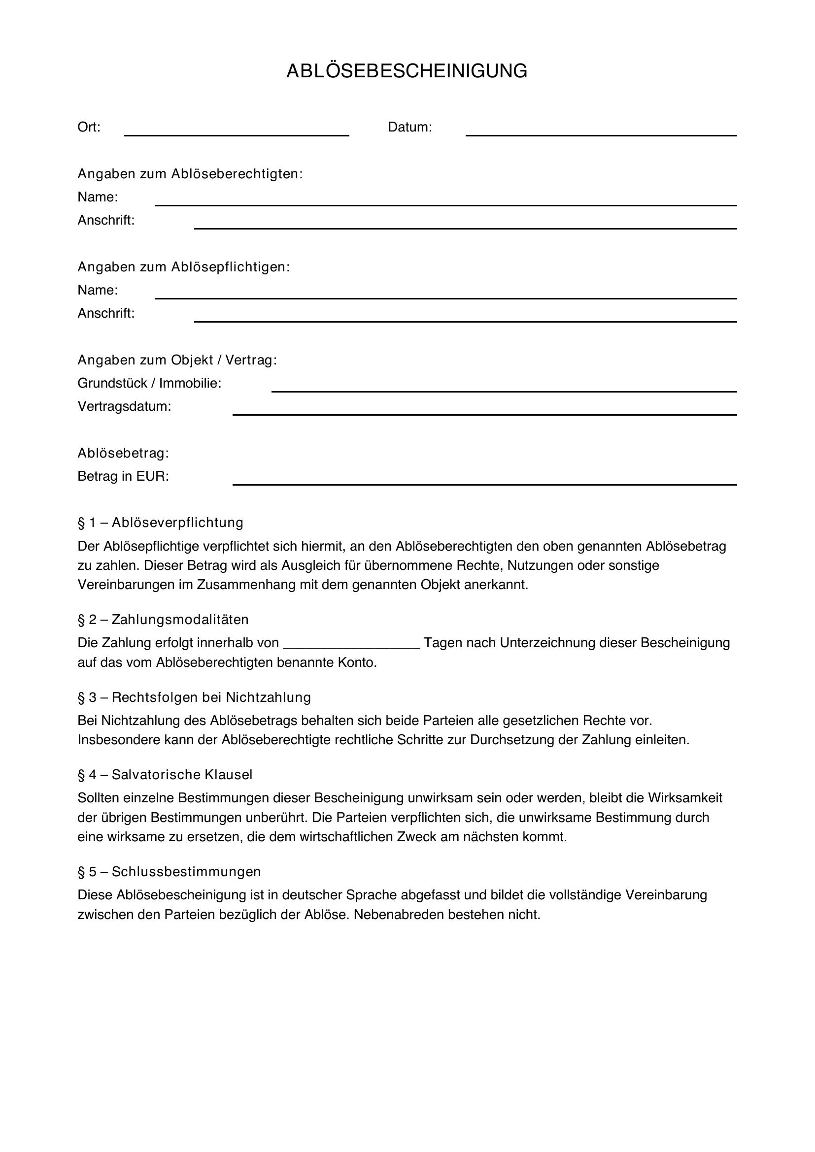 Ablösebescheinigung Vorlage