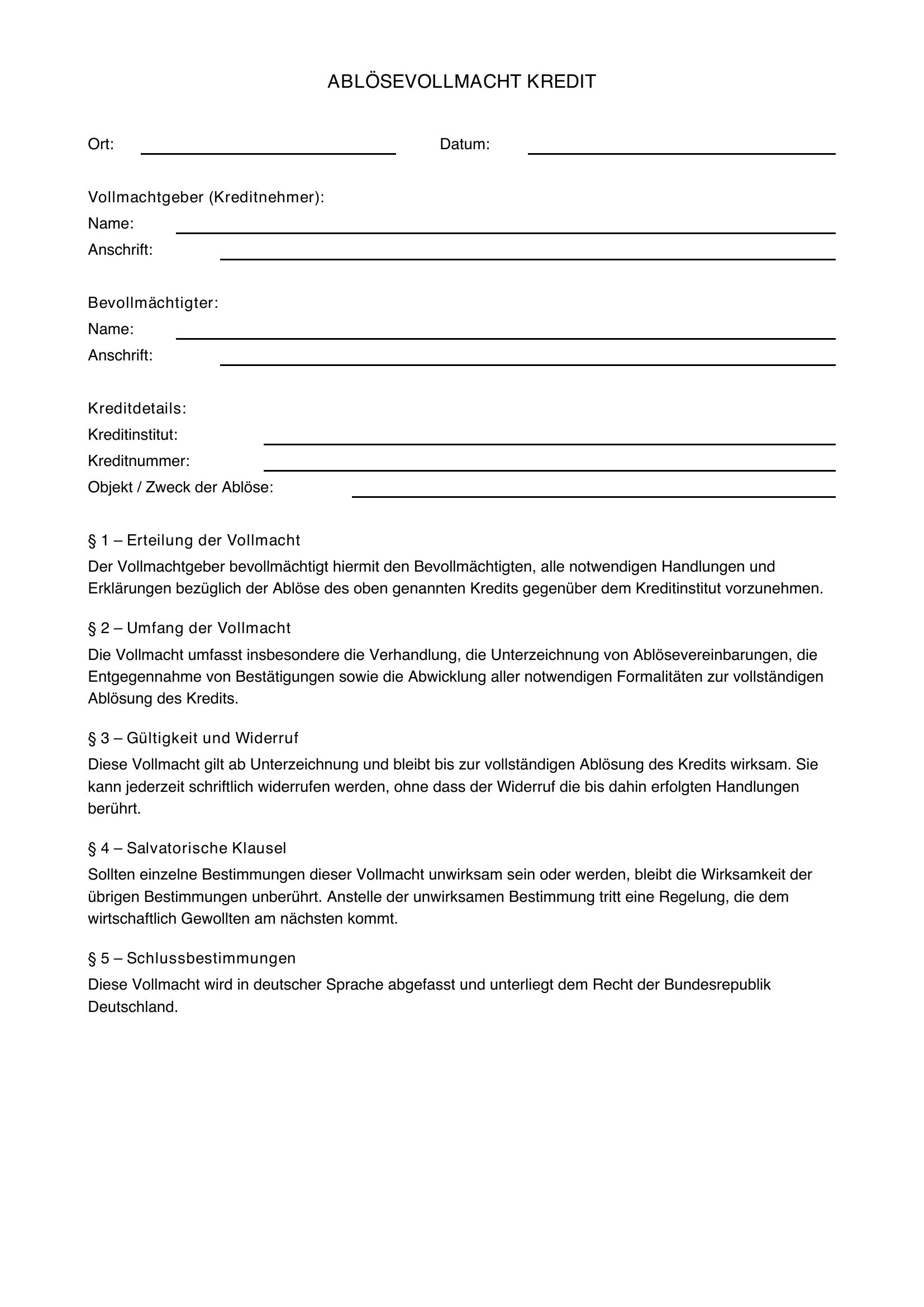 Ablösevollmacht Kredit Vorlage