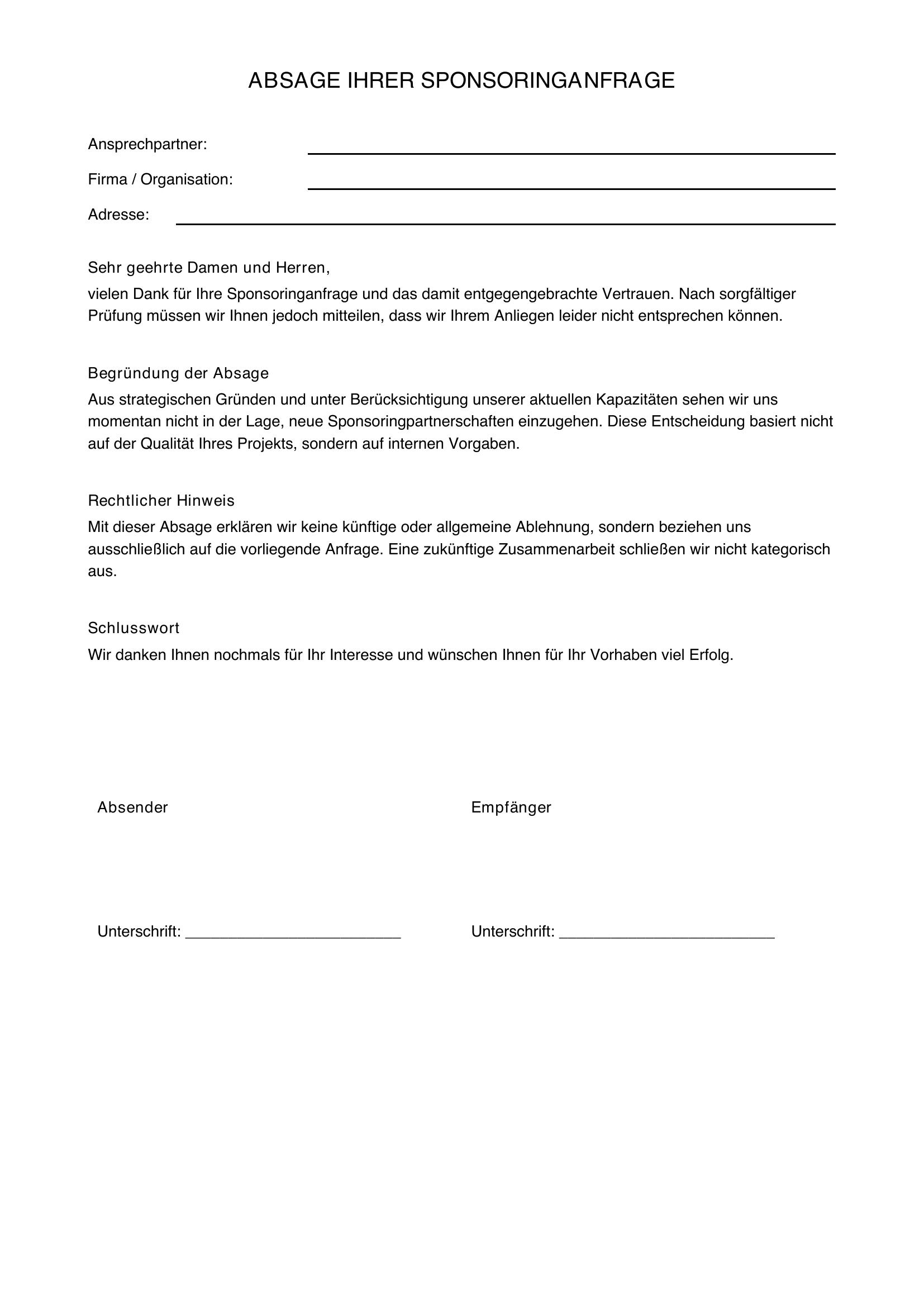 Absage Sponsoringanfrage