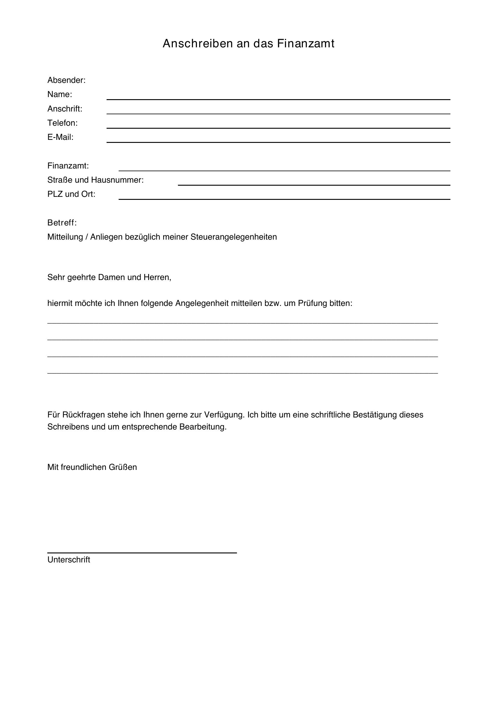 Anschreiben Finanzamt Vorlage