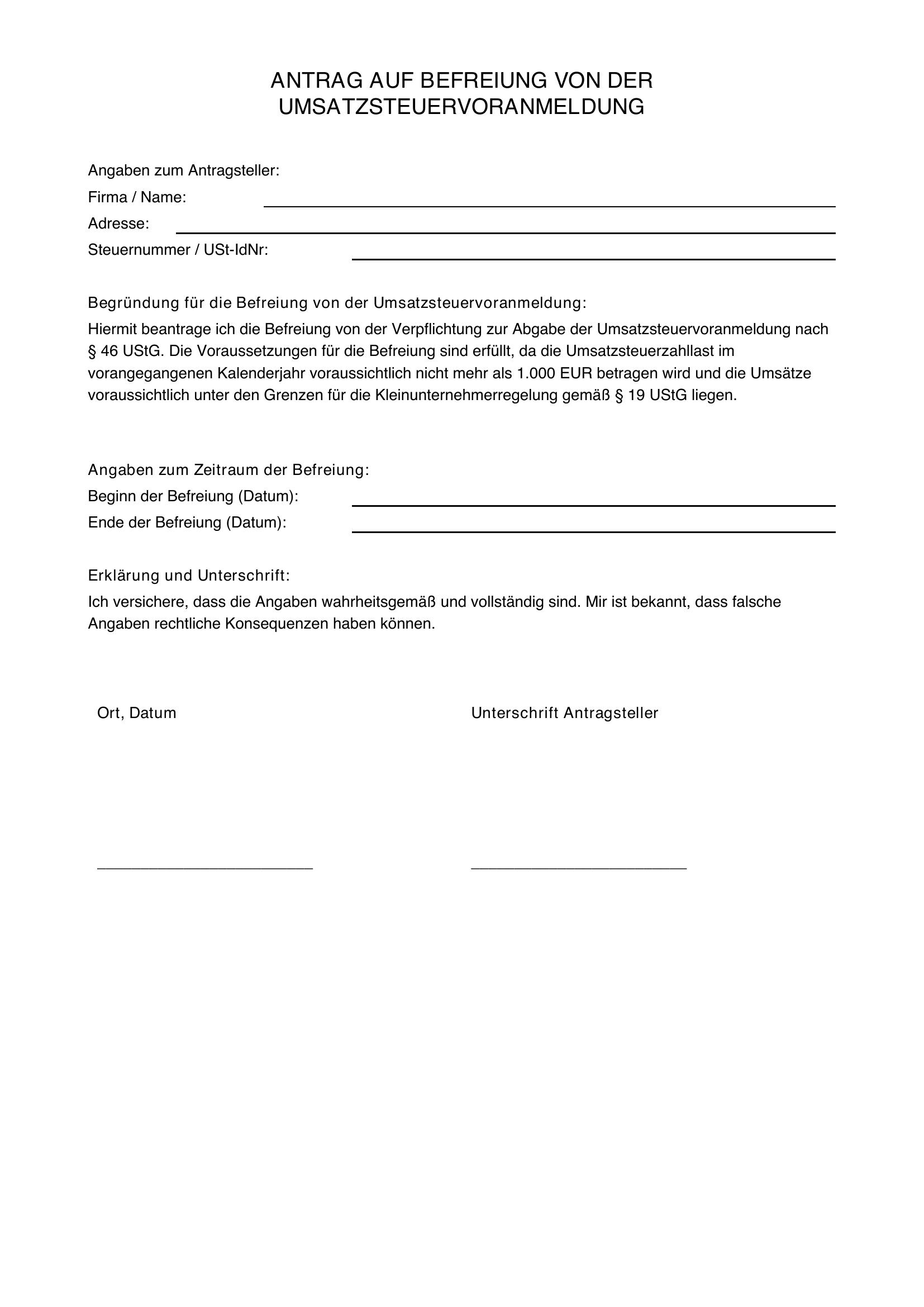 Antrag Befreiung Umsatzsteuervoranmeldung Muster