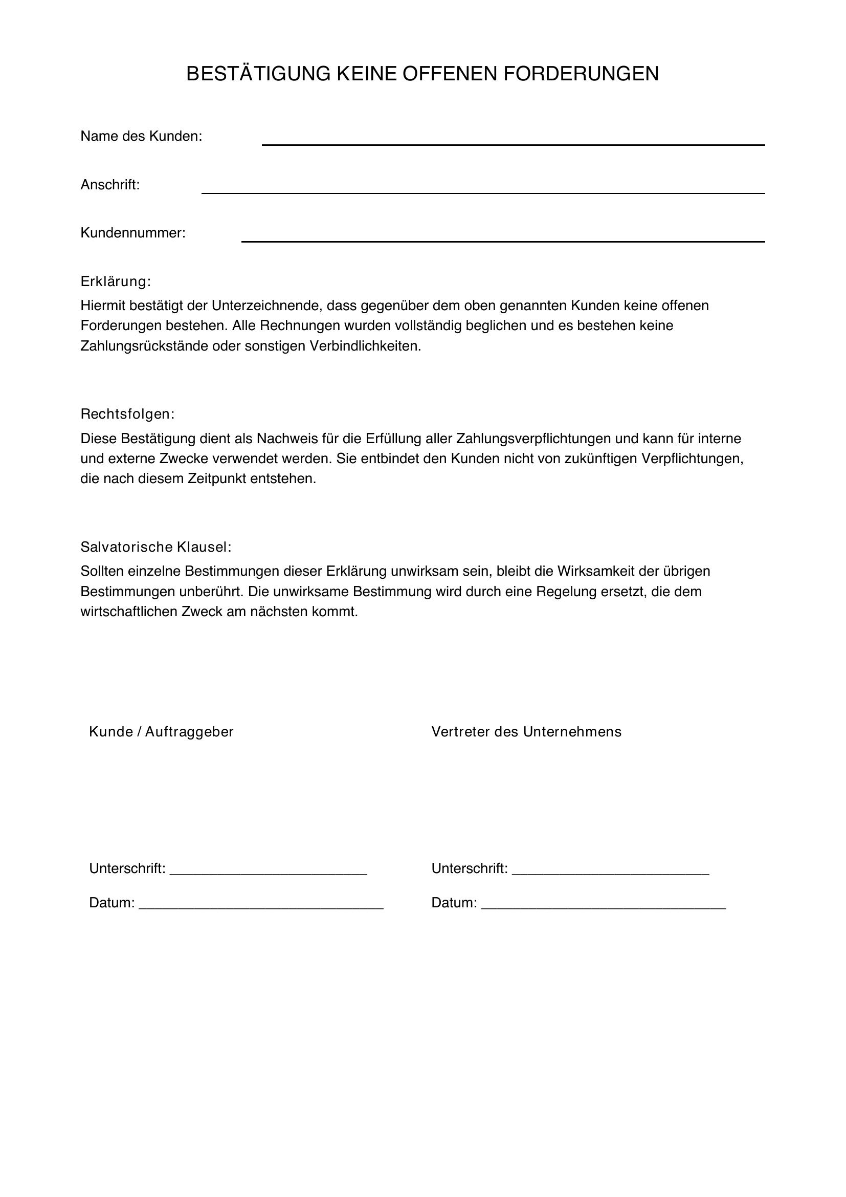 Bestätigung Keine Offenen Forderungen Muster