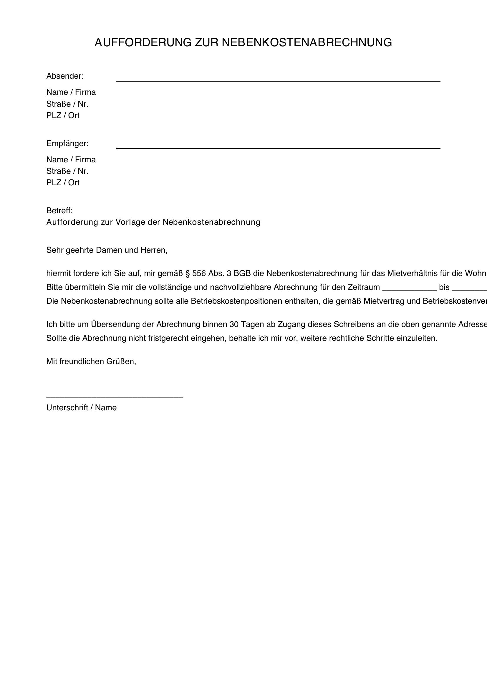 Musterbrief Aufforderung Nebenkostenabrechnung