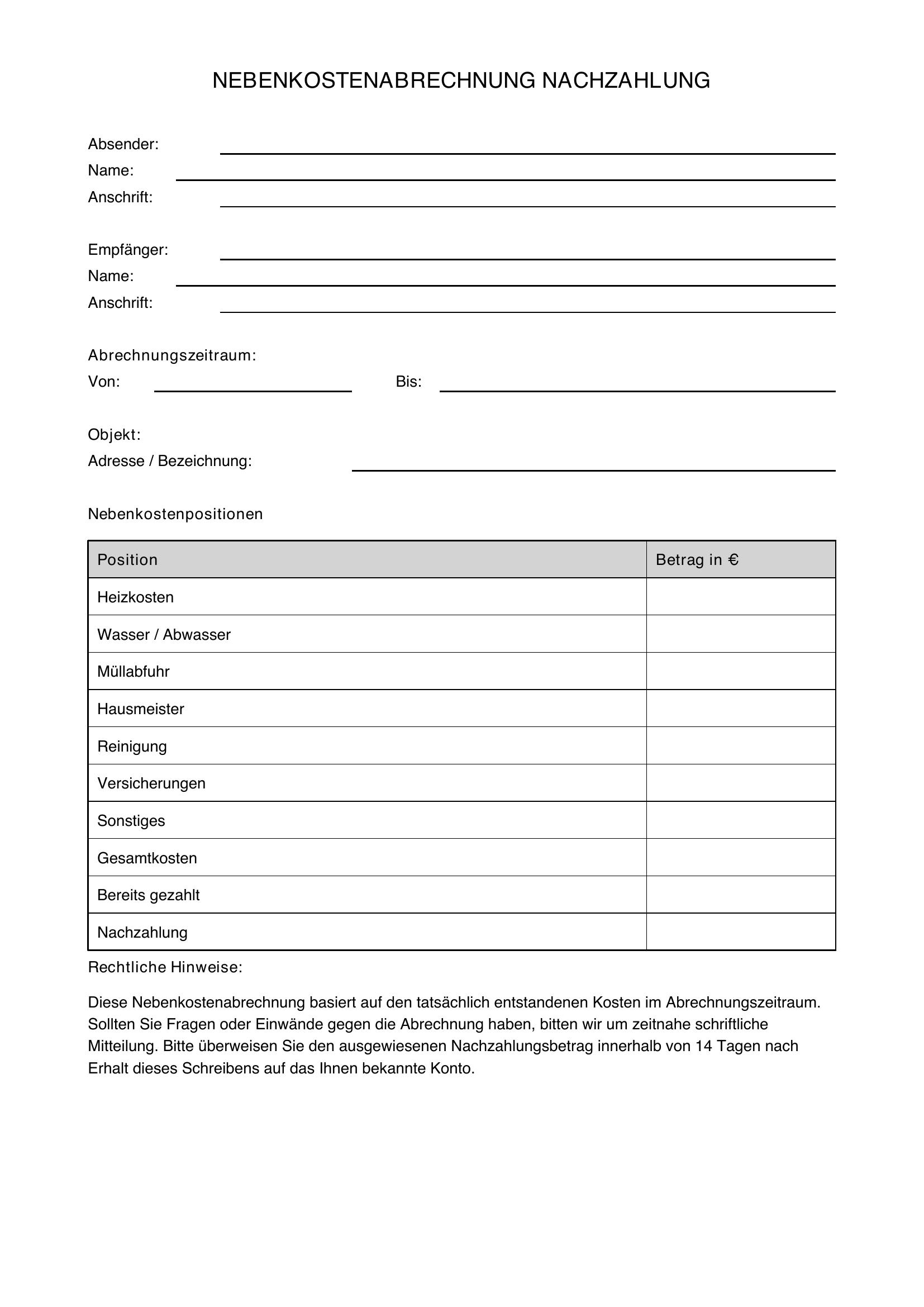 Musterbrief Nebenkostenabrechnung Nachzahlung