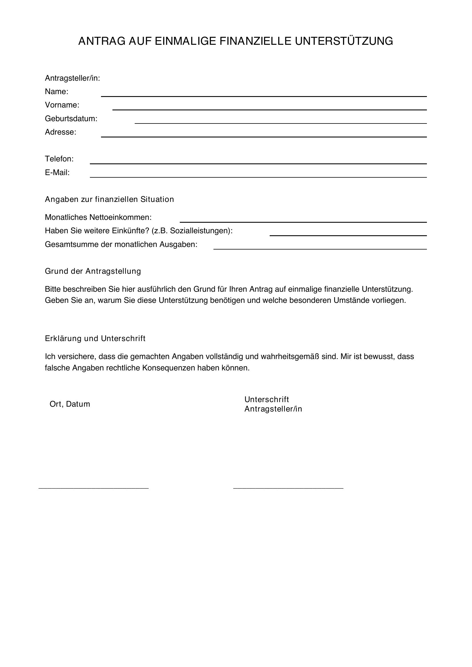Einmalige Finanzielle Unterstützung Caritas Antrag