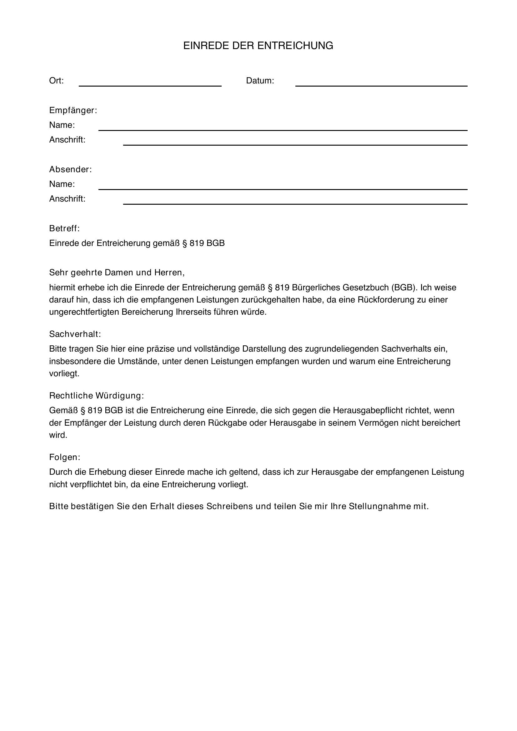 Einrede Der Entreicherung Musterbrief