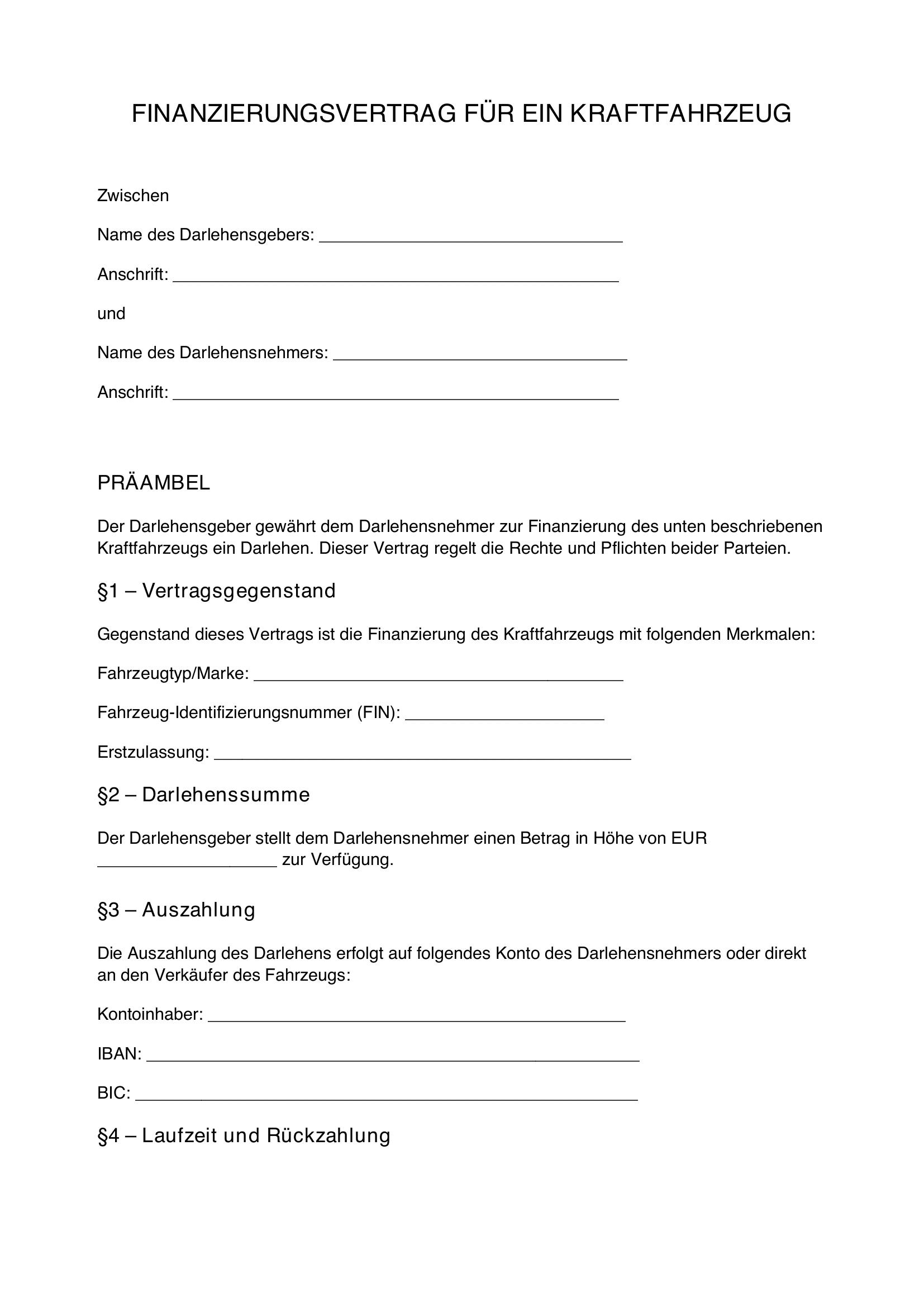 Finanzierungsvertrag Auto Muster