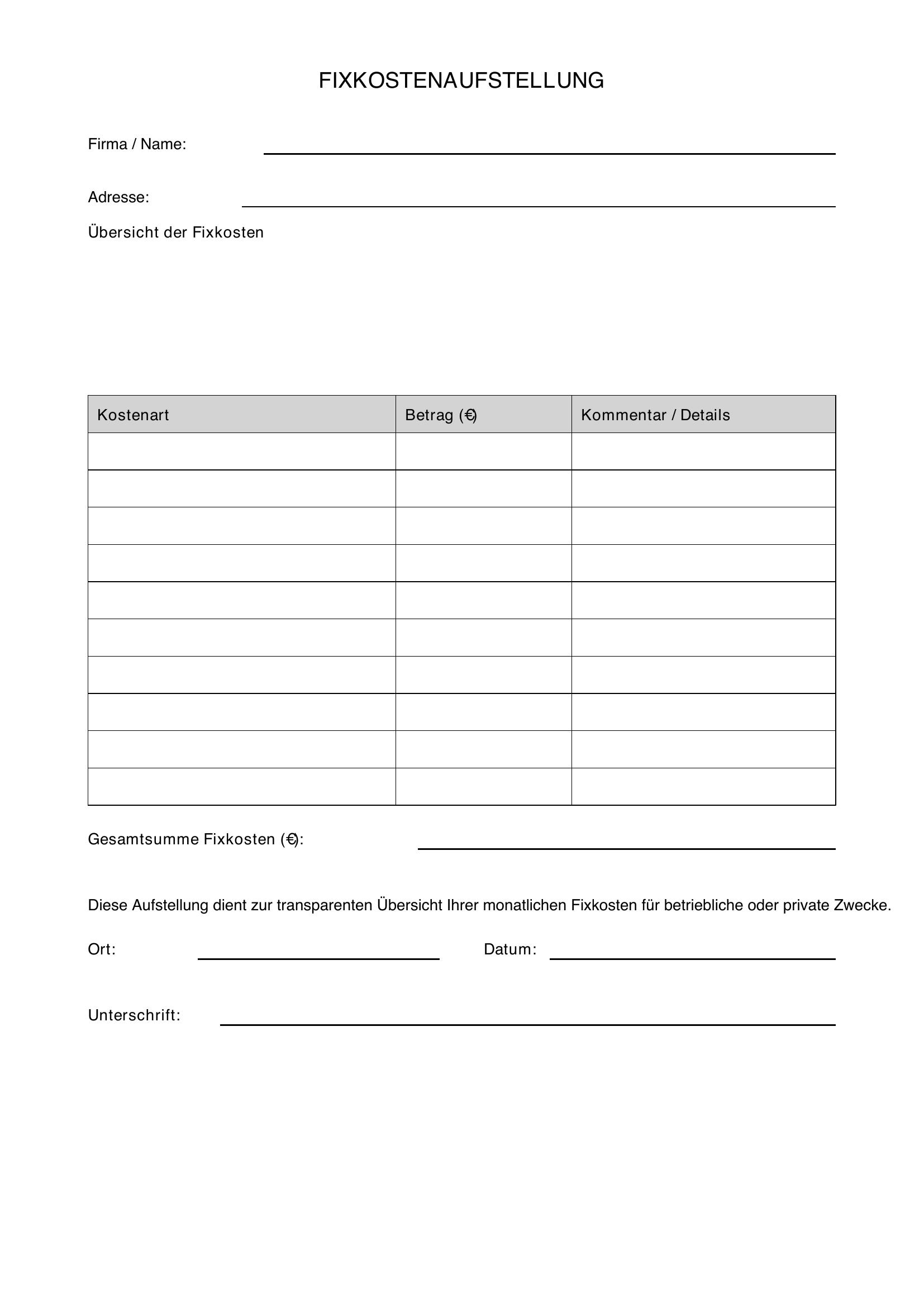 Fixkostenaufstellung Vorlage