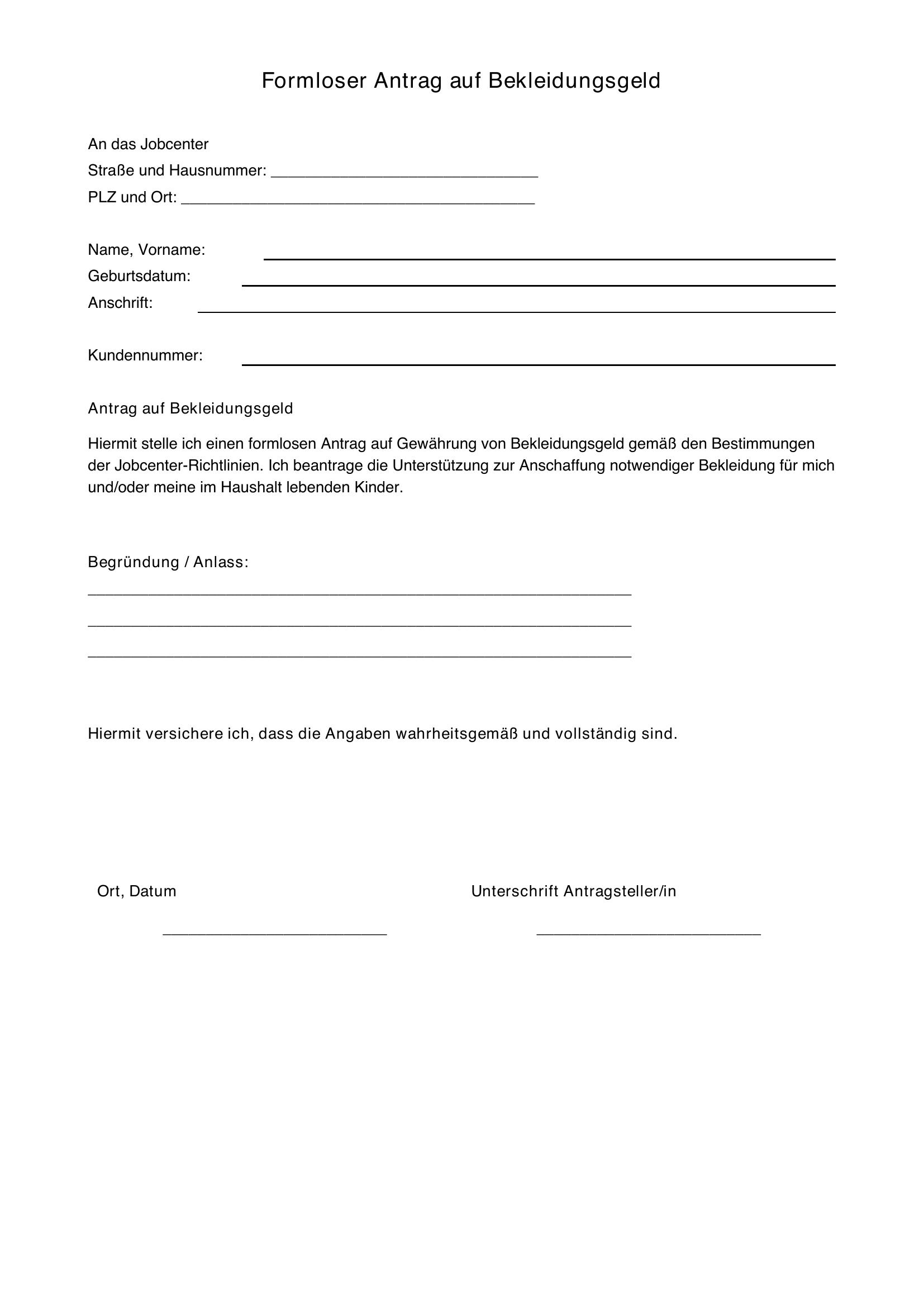 Formloser Antrag Auf Bekleidungsgeld Jobcenter