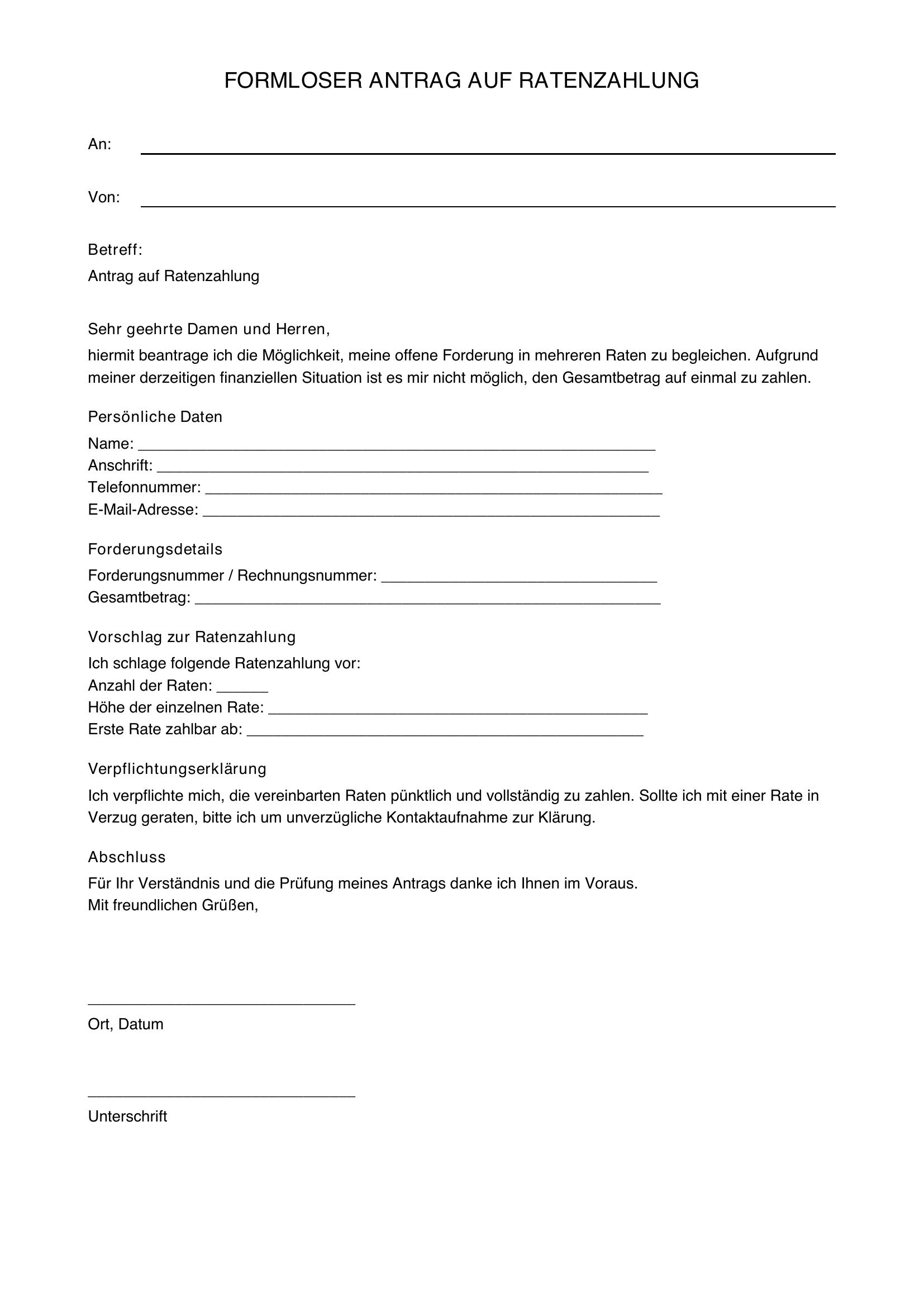 Formloser Antrag Auf Ratenzahlung Muster