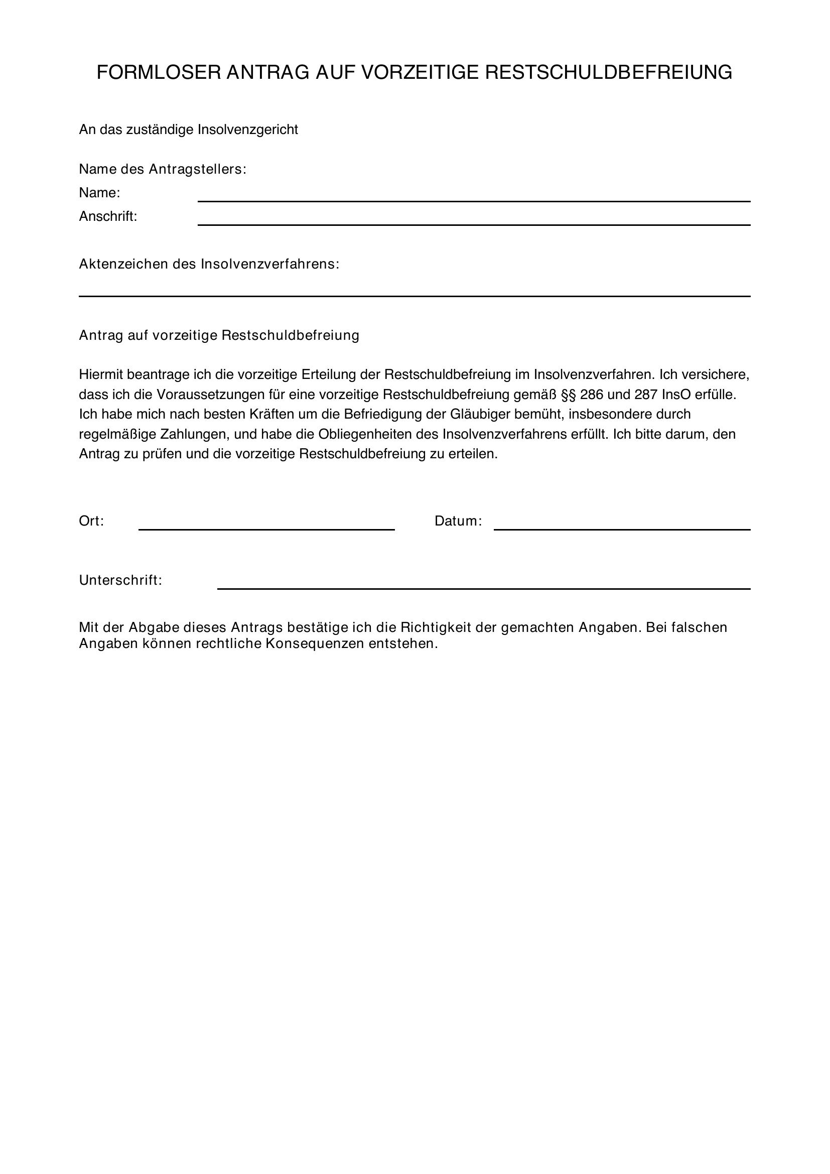 Formloser Antrag Auf Vorzeitige Restschuldbefreiung Vorlage