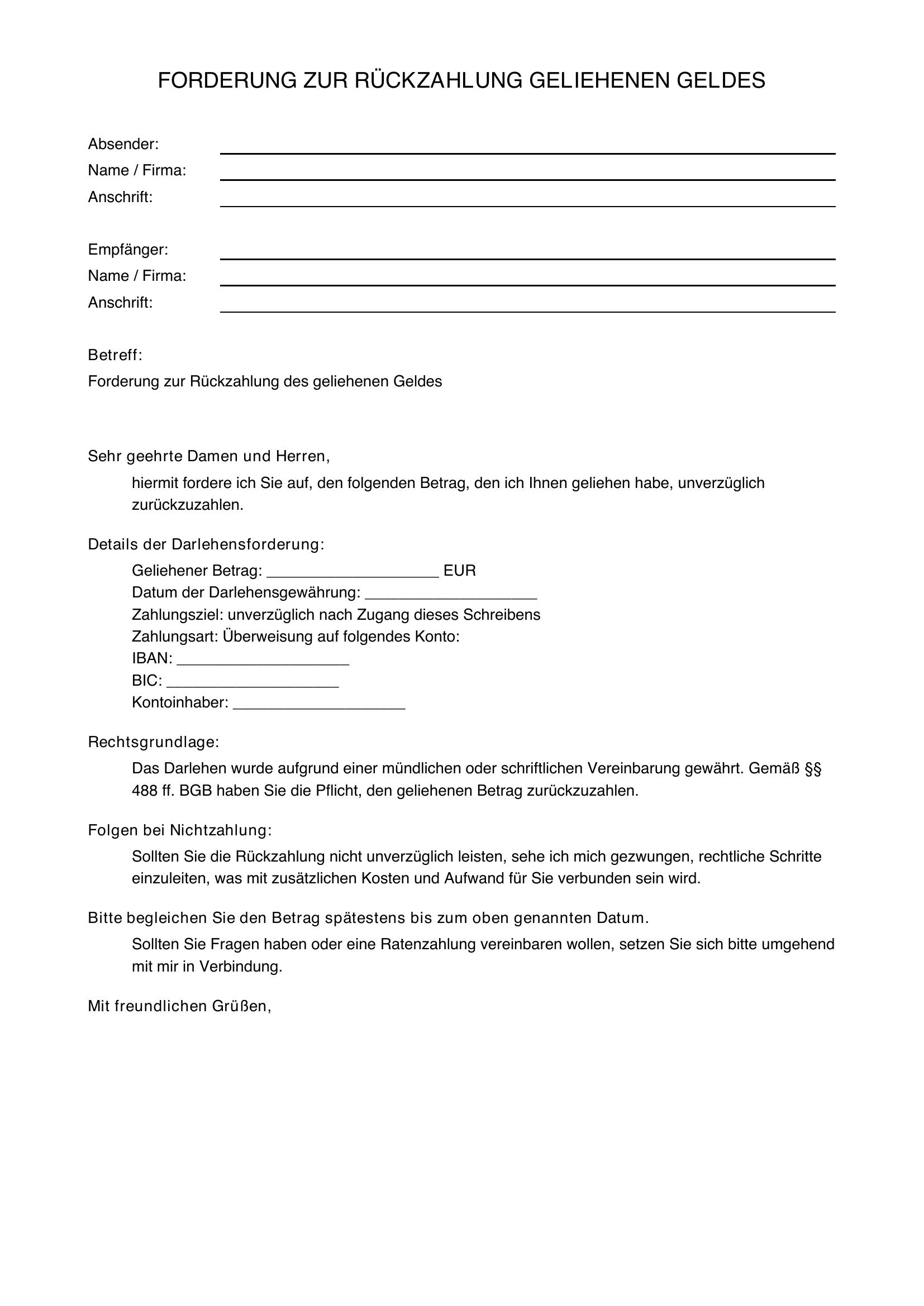 Geliehenes Geld Zurückfordern Musterbrief