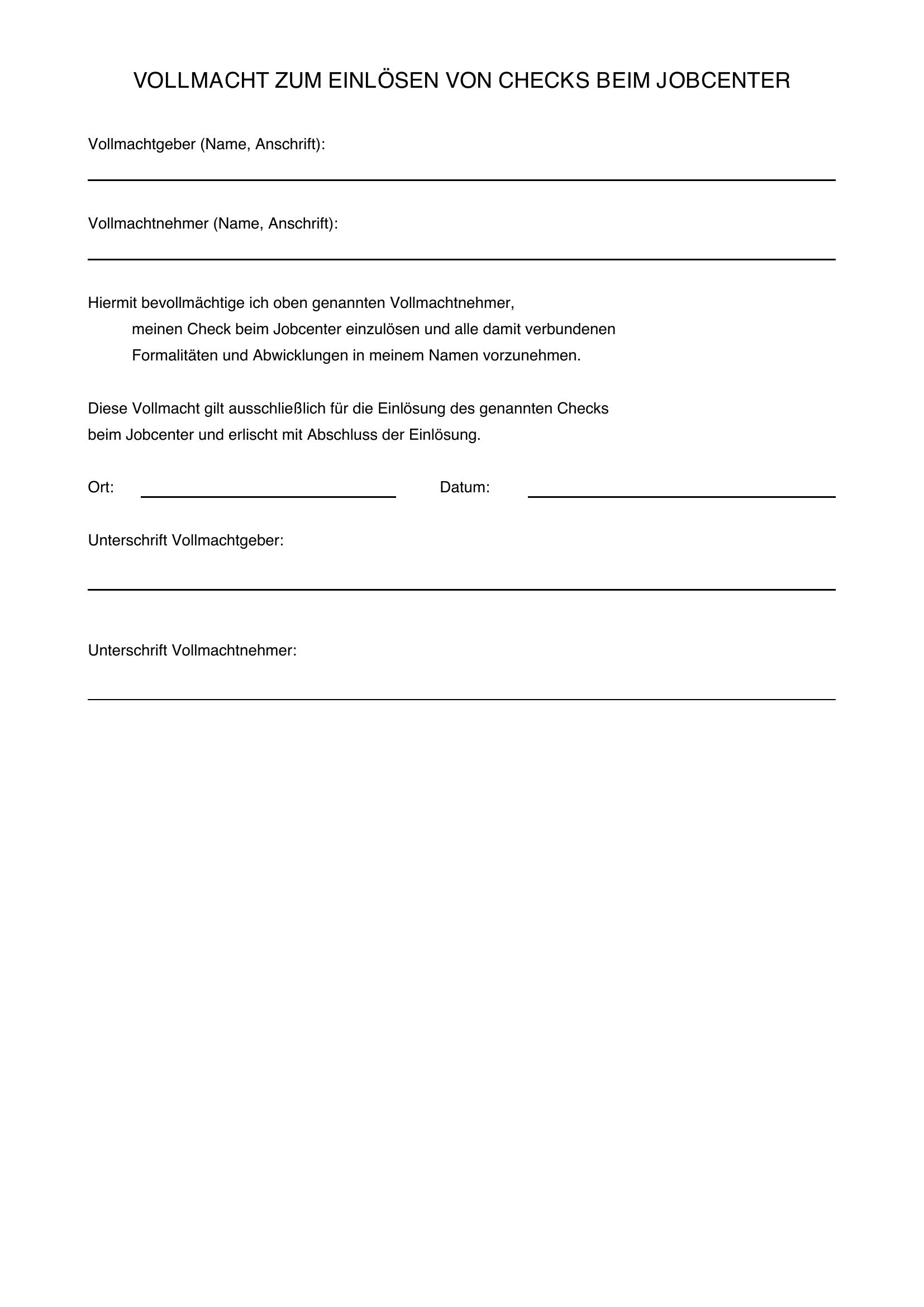 Jobcenter Scheck Einlösen Vollmacht