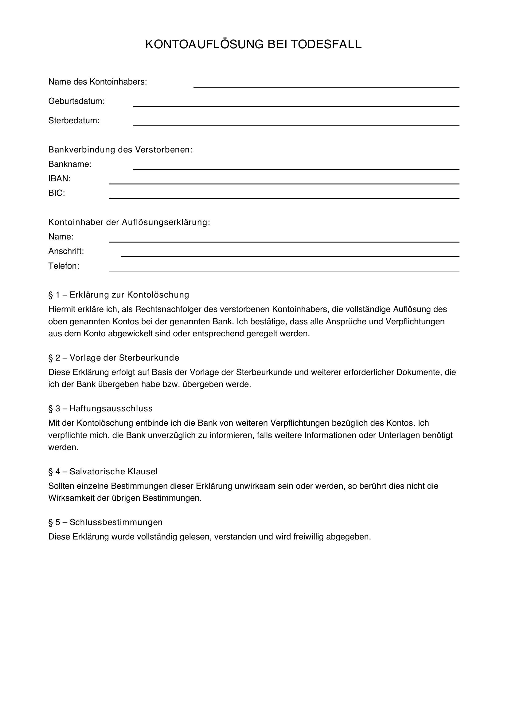 Kontoauflösung Todesfall Muster