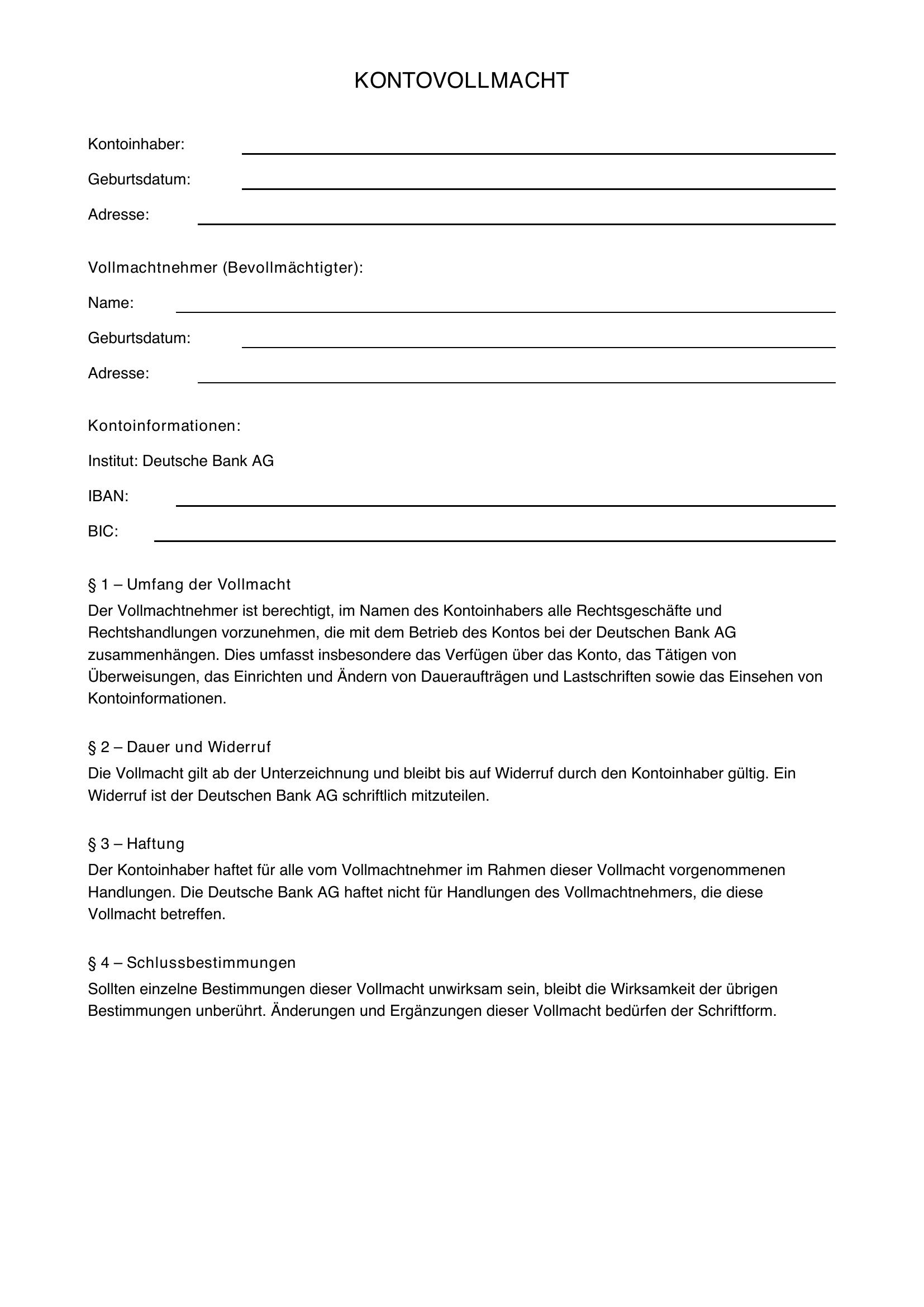 Kontovollmacht Deutsche Bank