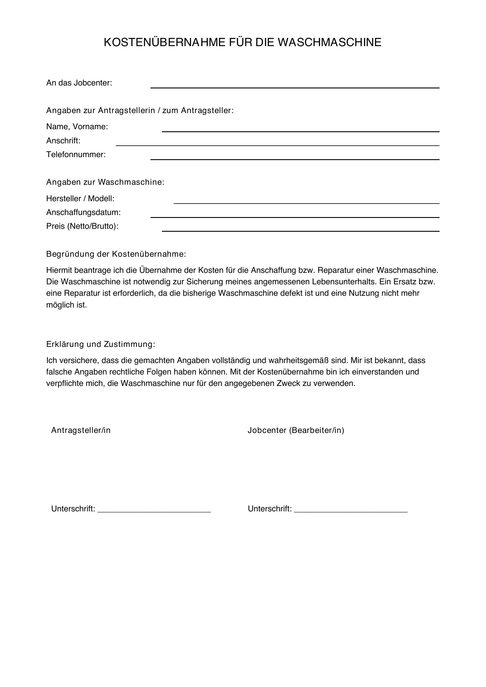 Kostenübernahme Waschmaschine Jobcenter Muster