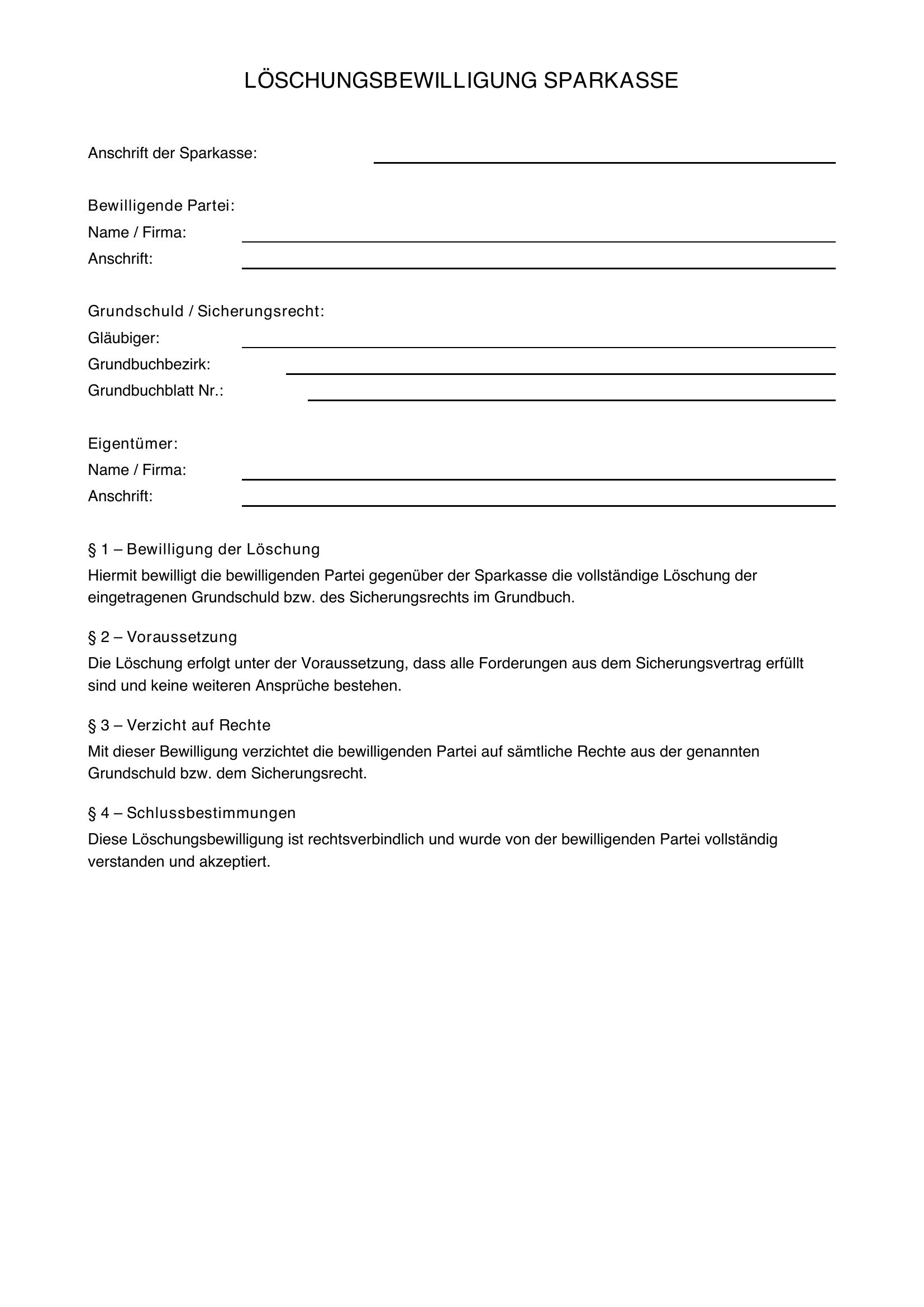 Löschungsbewilligung Sparkasse Formular