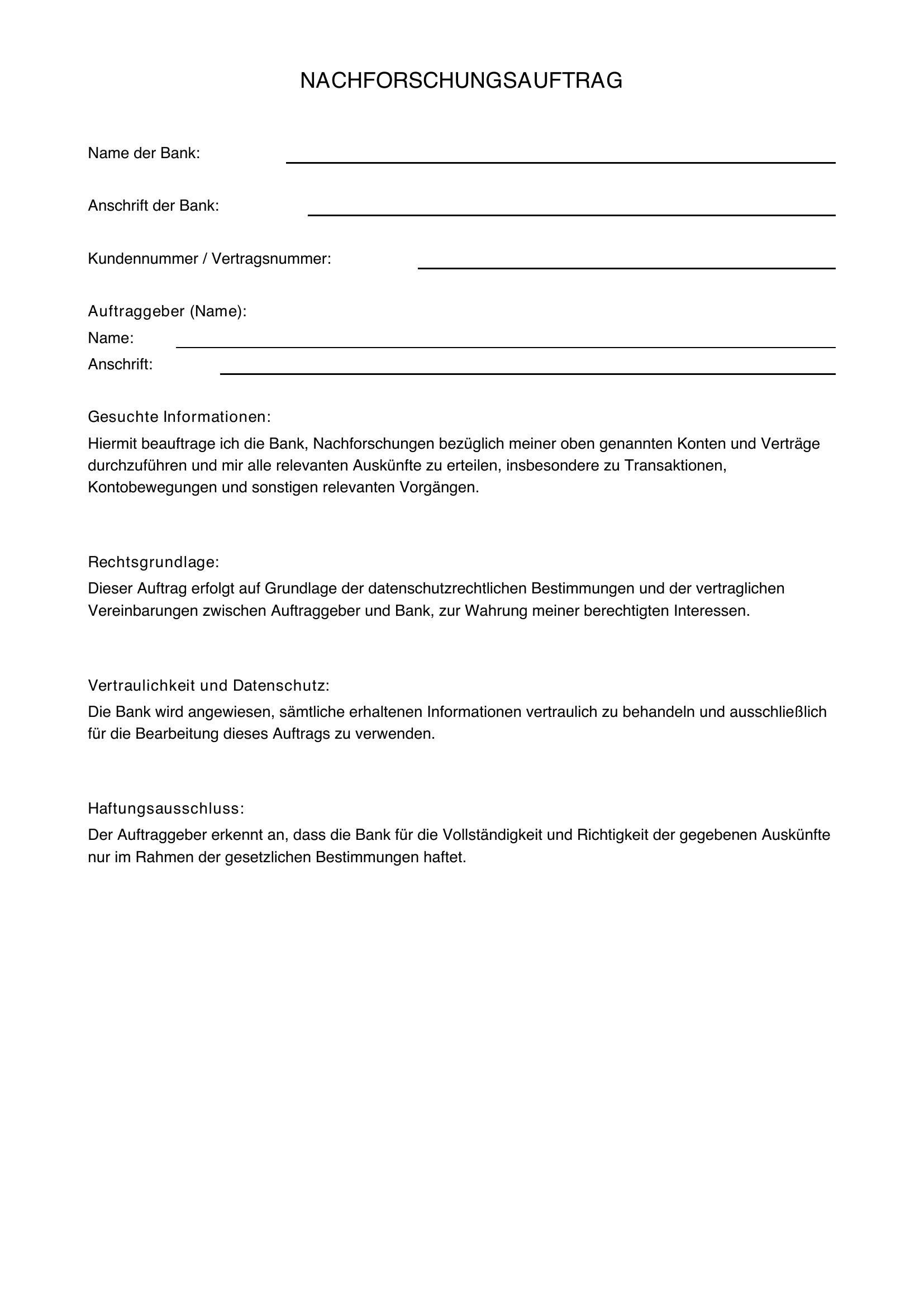 Nachforschungsauftrag Bank Muster