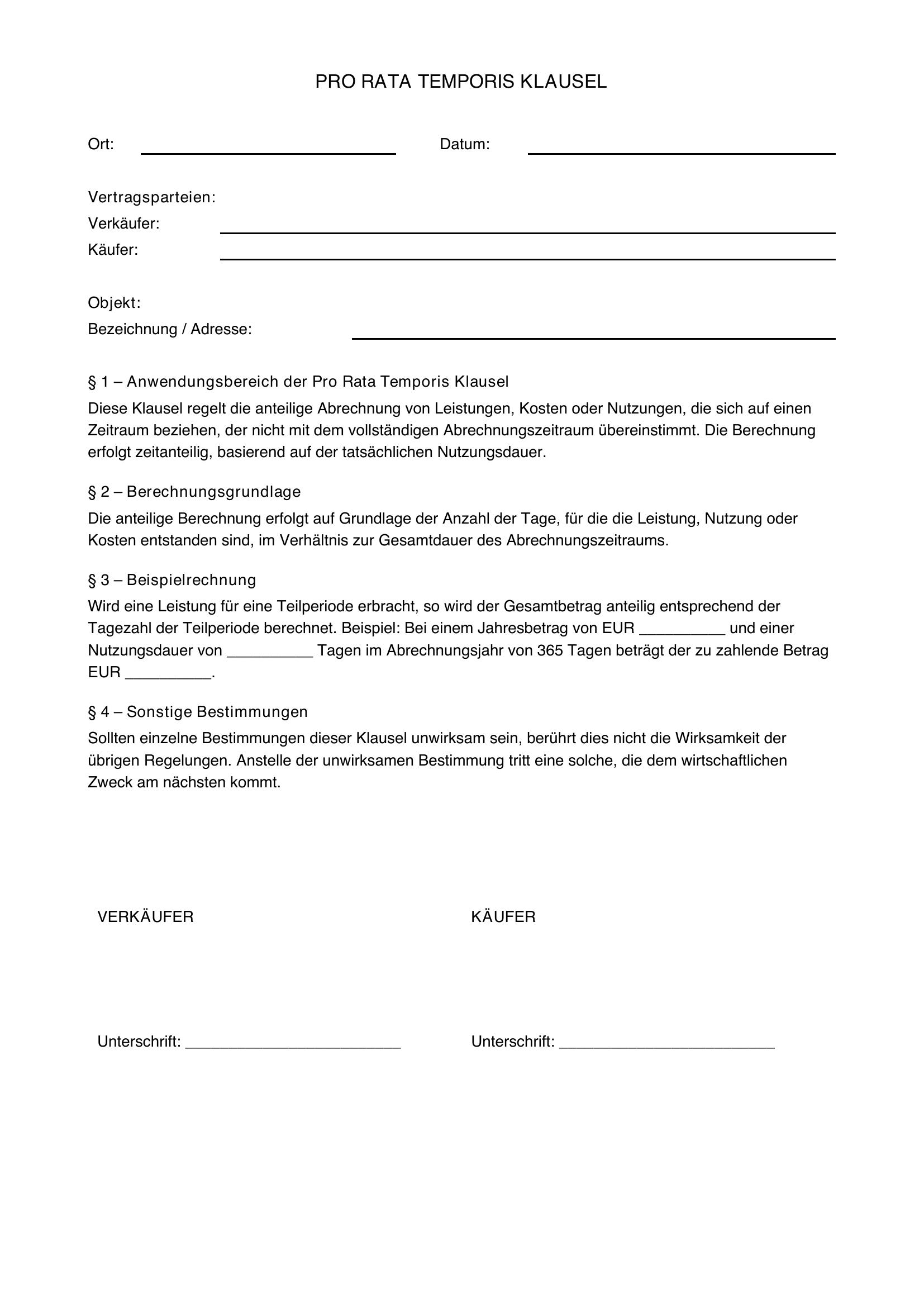 Pro Rata Temporis Klausel Formulierung Muster