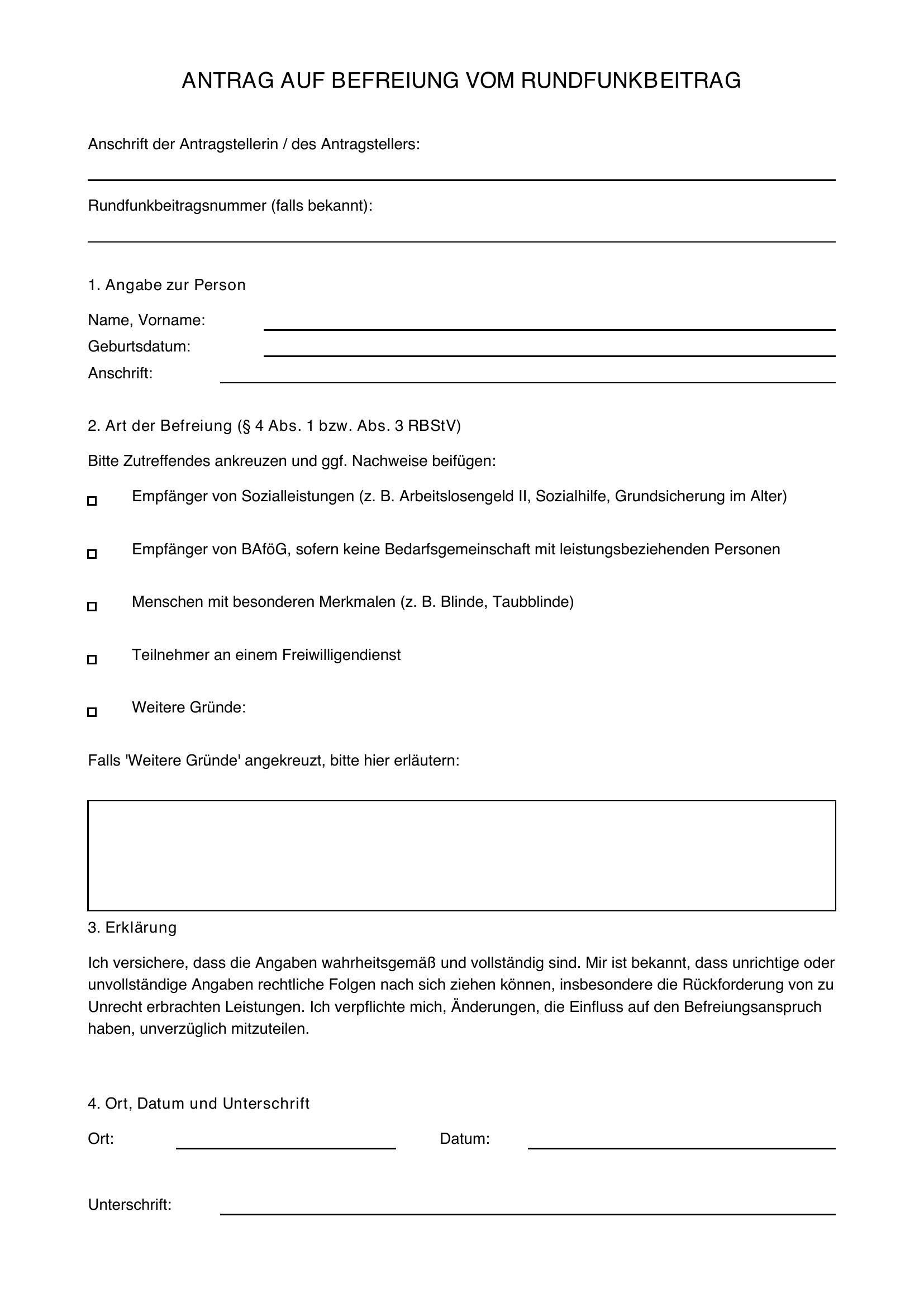 Rundfunkbeitrag - Befreiung Formular