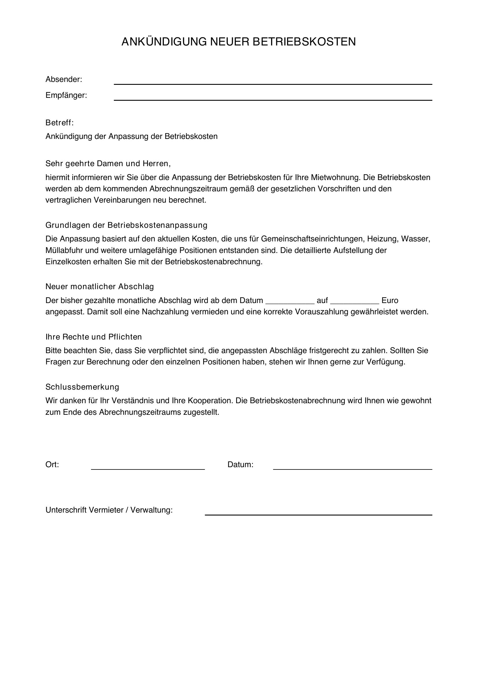 Musterschreiben Ankündigung Neue Betriebskosten