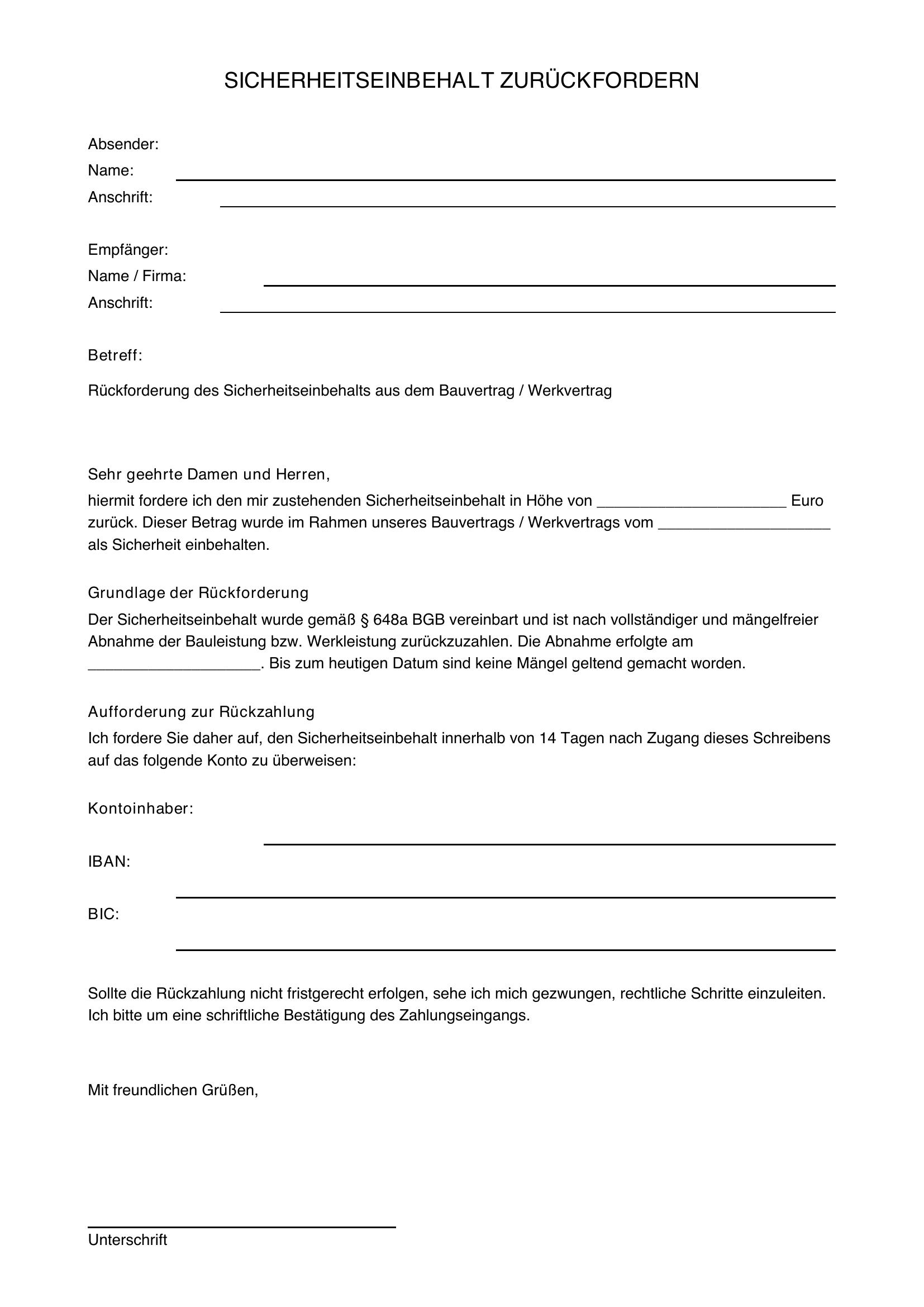 Sicherheitseinbehalt Zurückfordern Musterbrief