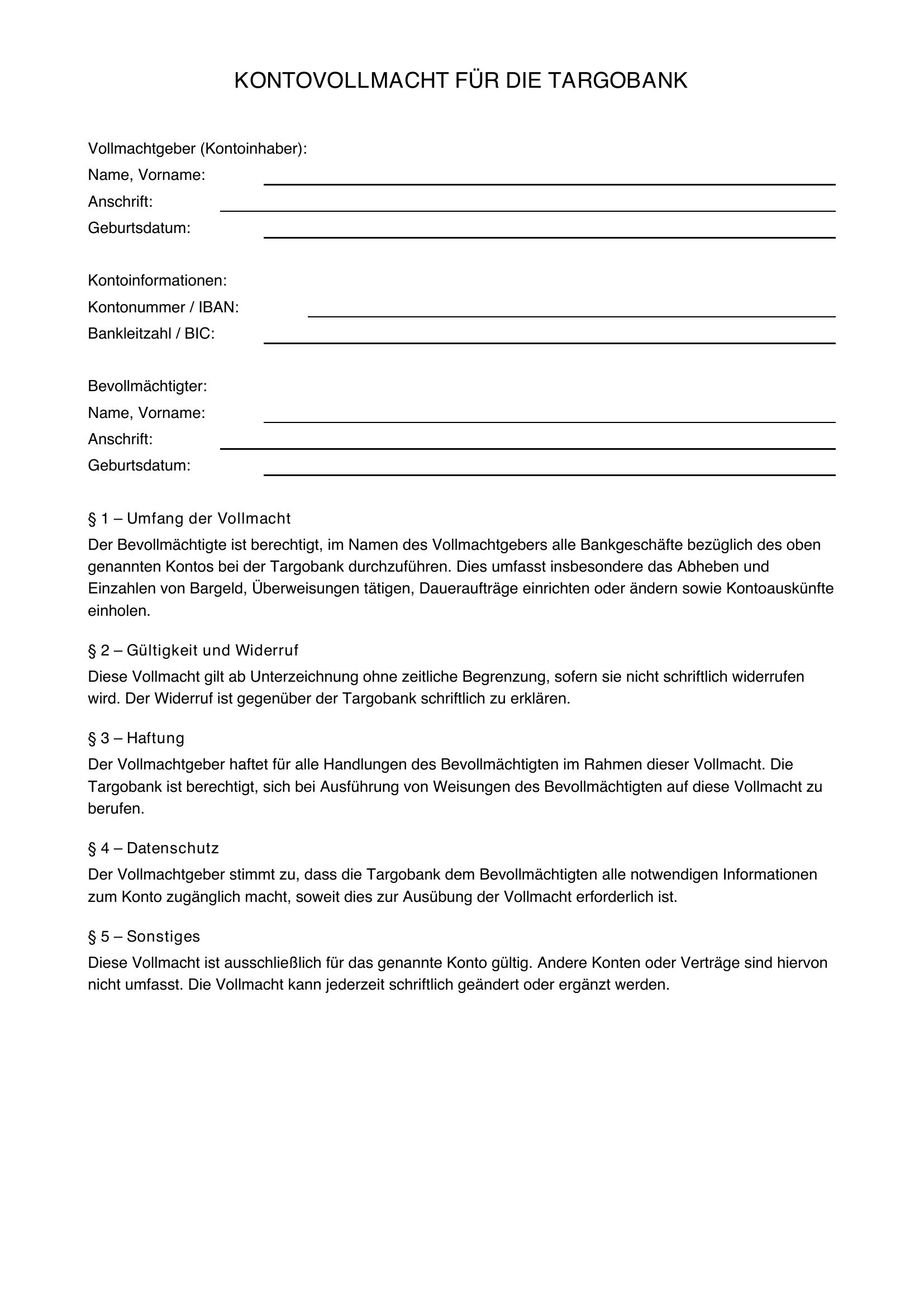 Targobank Kontovollmacht