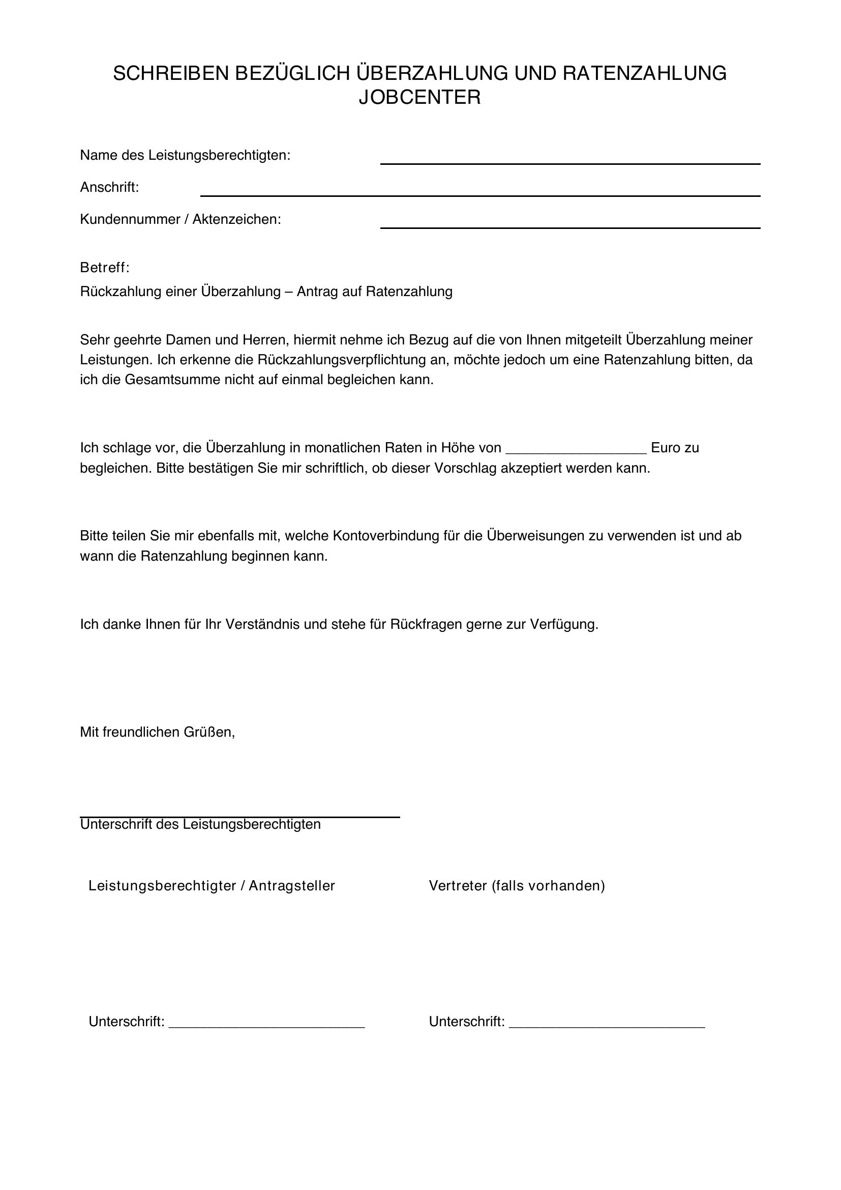 Überzahlung Jobcenter Ratenzahlung Schreiben Muster