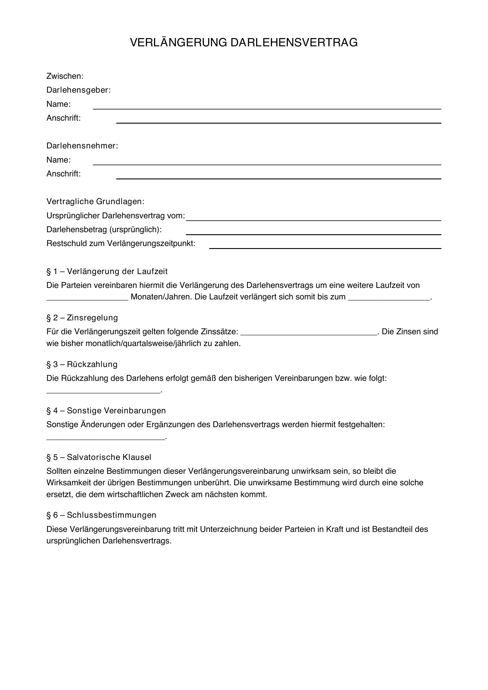 Verlängerung Darlehensvertrag Vorlage