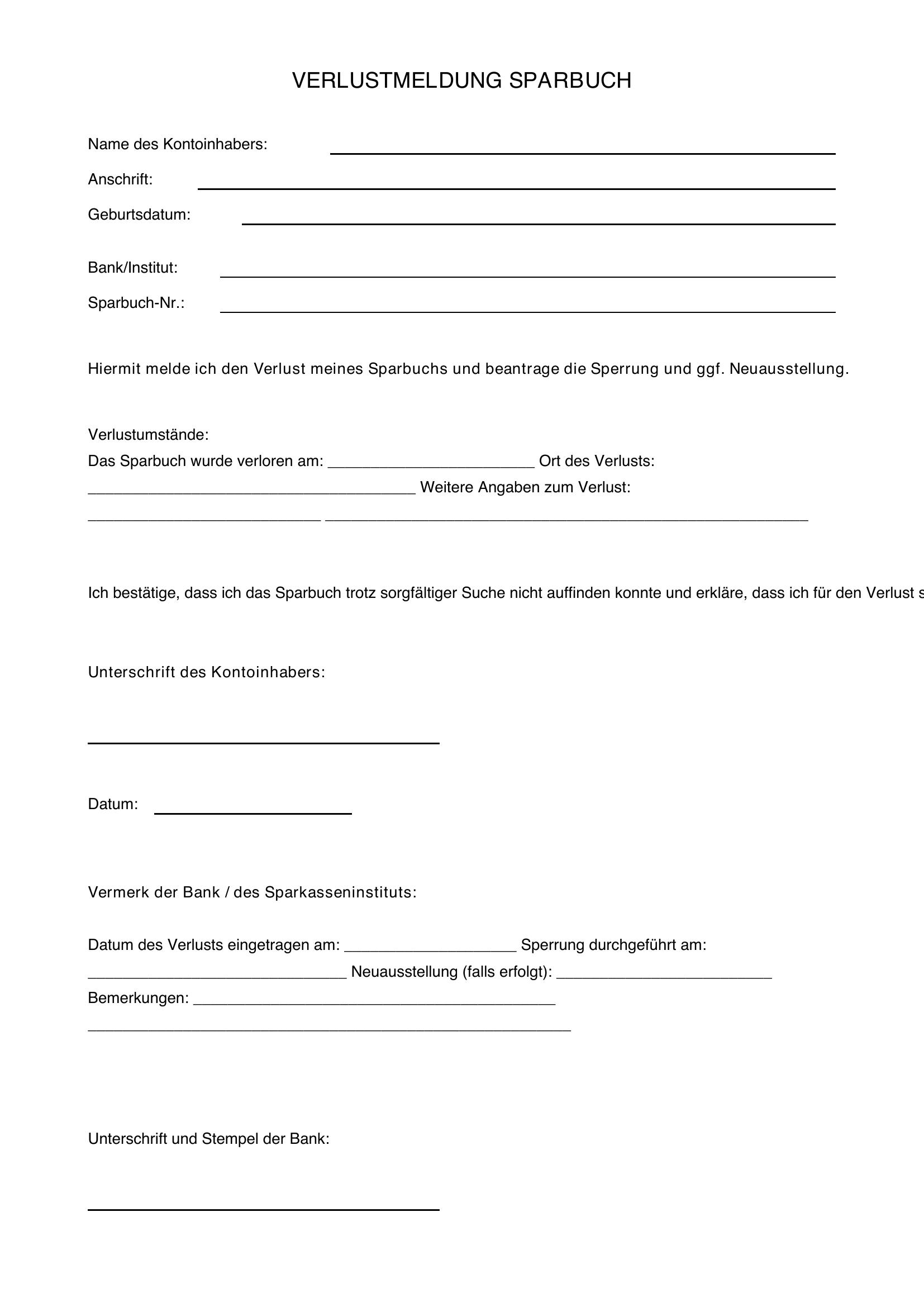 Verlustmeldung Sparbuch Vordruck