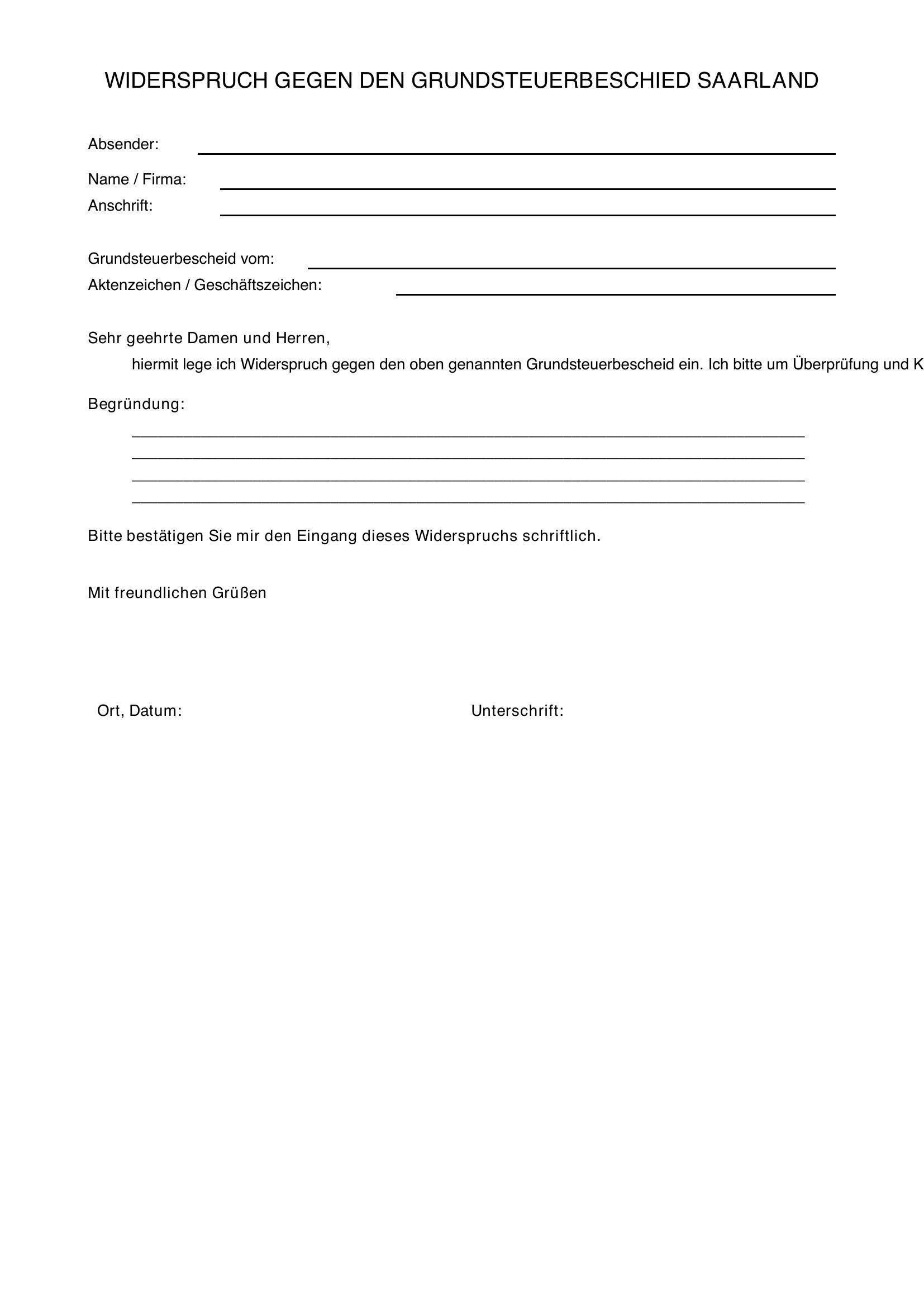 Widerspruch Grundsteuer Saarland Musterschreiben