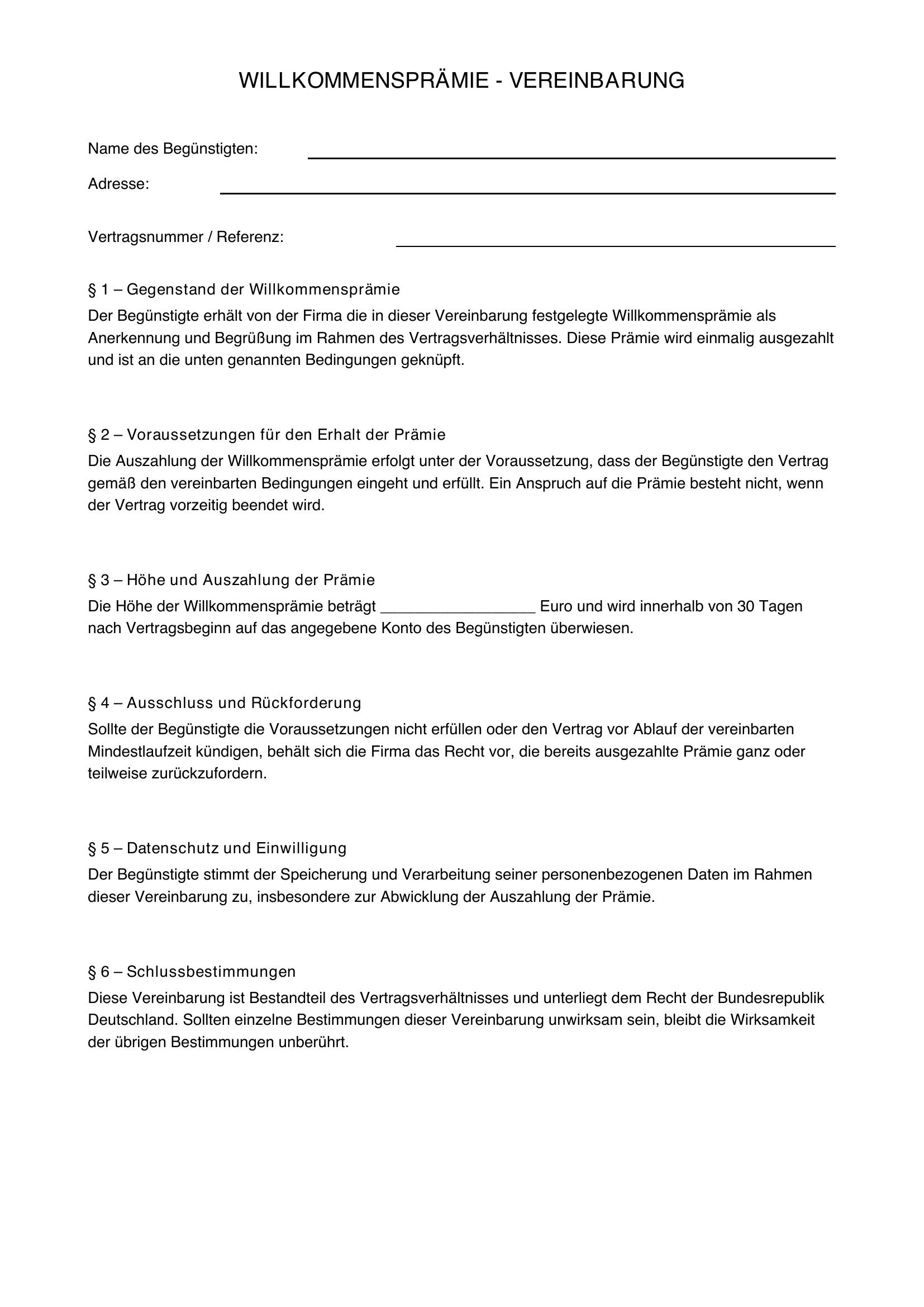 Willkommensprämie Muster