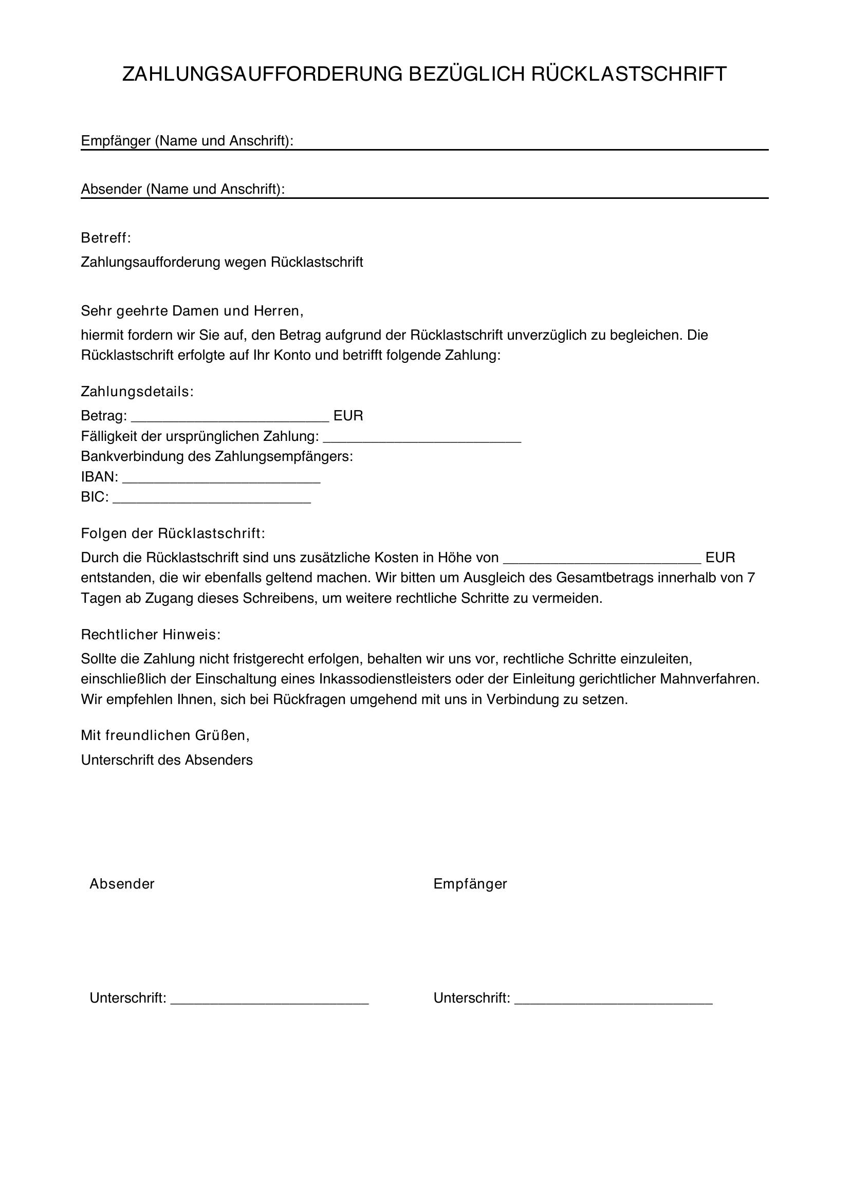Zahlungsaufforderung Rücklastschrift Muster